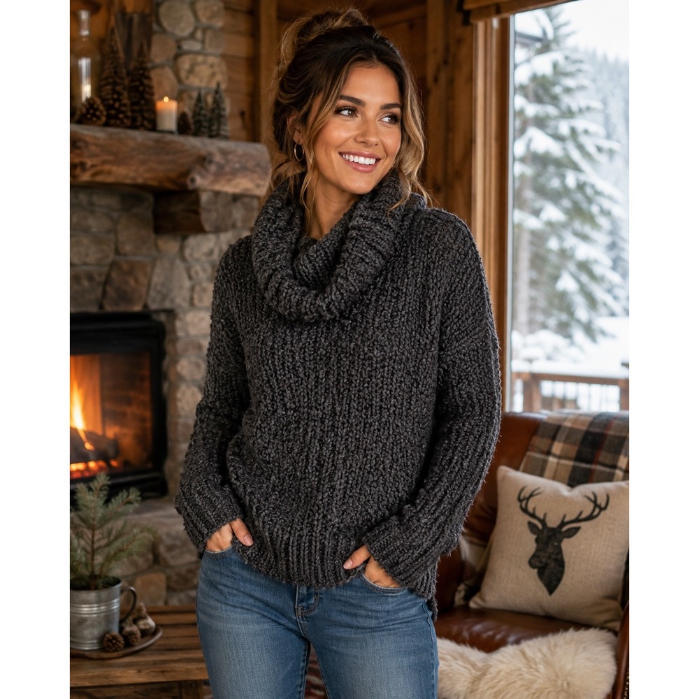 Chelsea & Theodore Chunky Knit Cowl Neck Sweater L Charcoal Wool Blend Cabincore